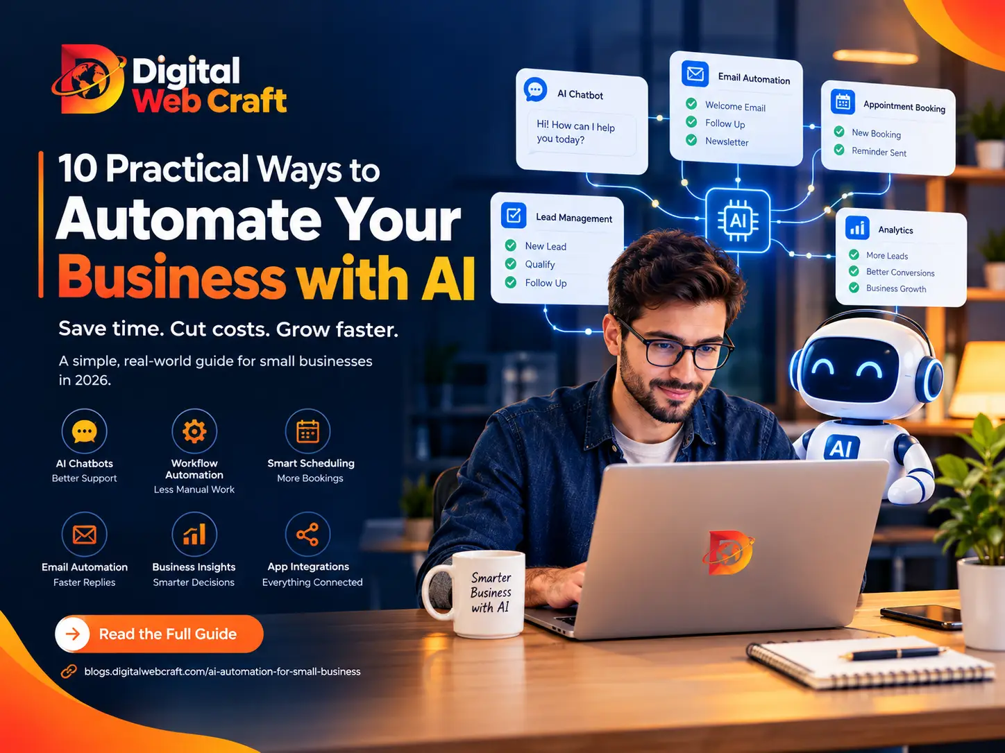Small business owner using AI automation dashboard to manage leads, invoices, and customer support