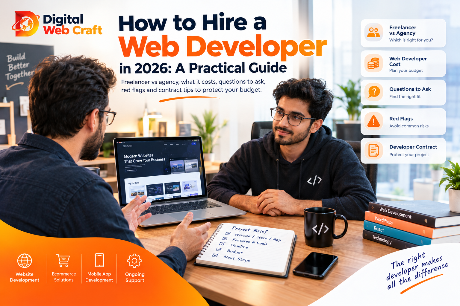 Business owner interviewing a web developer with a laptop portfolio and project brief, comparing freelancers and agencies for website development in 2026.