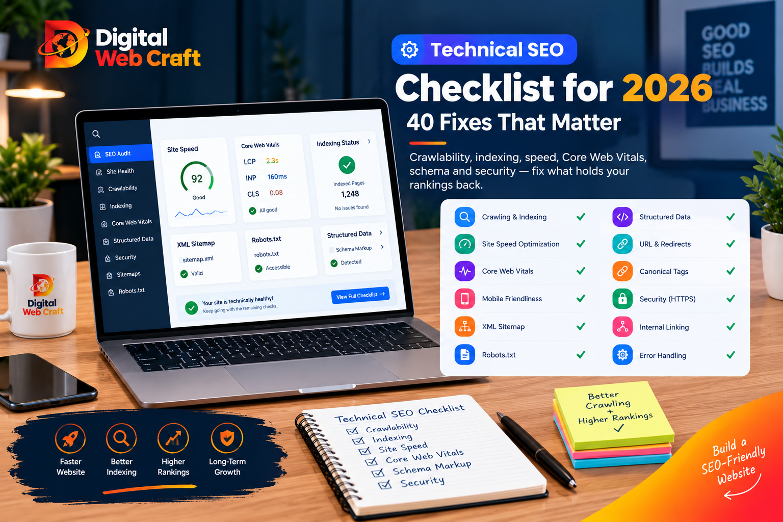 Technical SEO checklist for 2026 displayed on a laptop, featuring site speed, indexing status, Core Web Vitals, XML sitemap, robots.txt, schema markup, and website security checks.