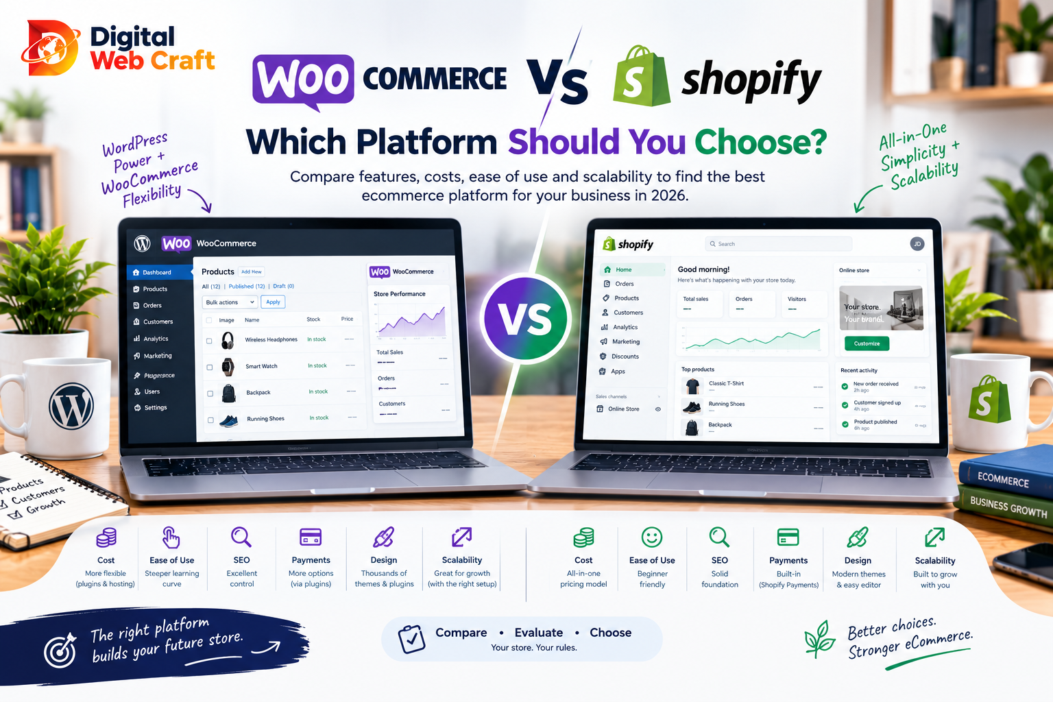 WooCommerce vs Shopify comparison showing both ecommerce dashboards side by side, highlighting cost, ease of use, SEO, payments, design, and scalability in 2026.