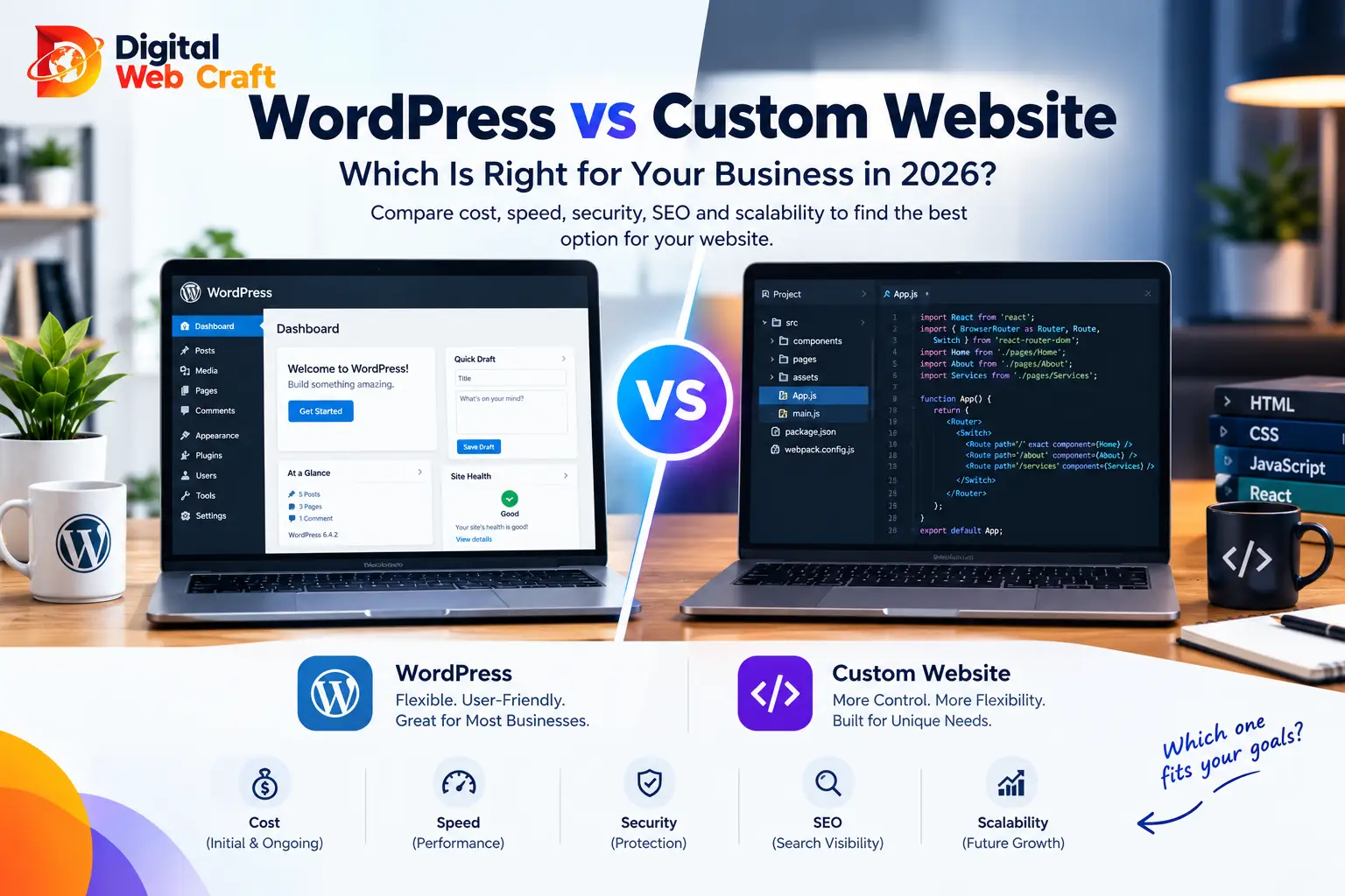 WordPress vs custom website comparison showing a WordPress dashboard and custom code editor, highlighting cost, speed, security, SEO, and scalability in 2026.