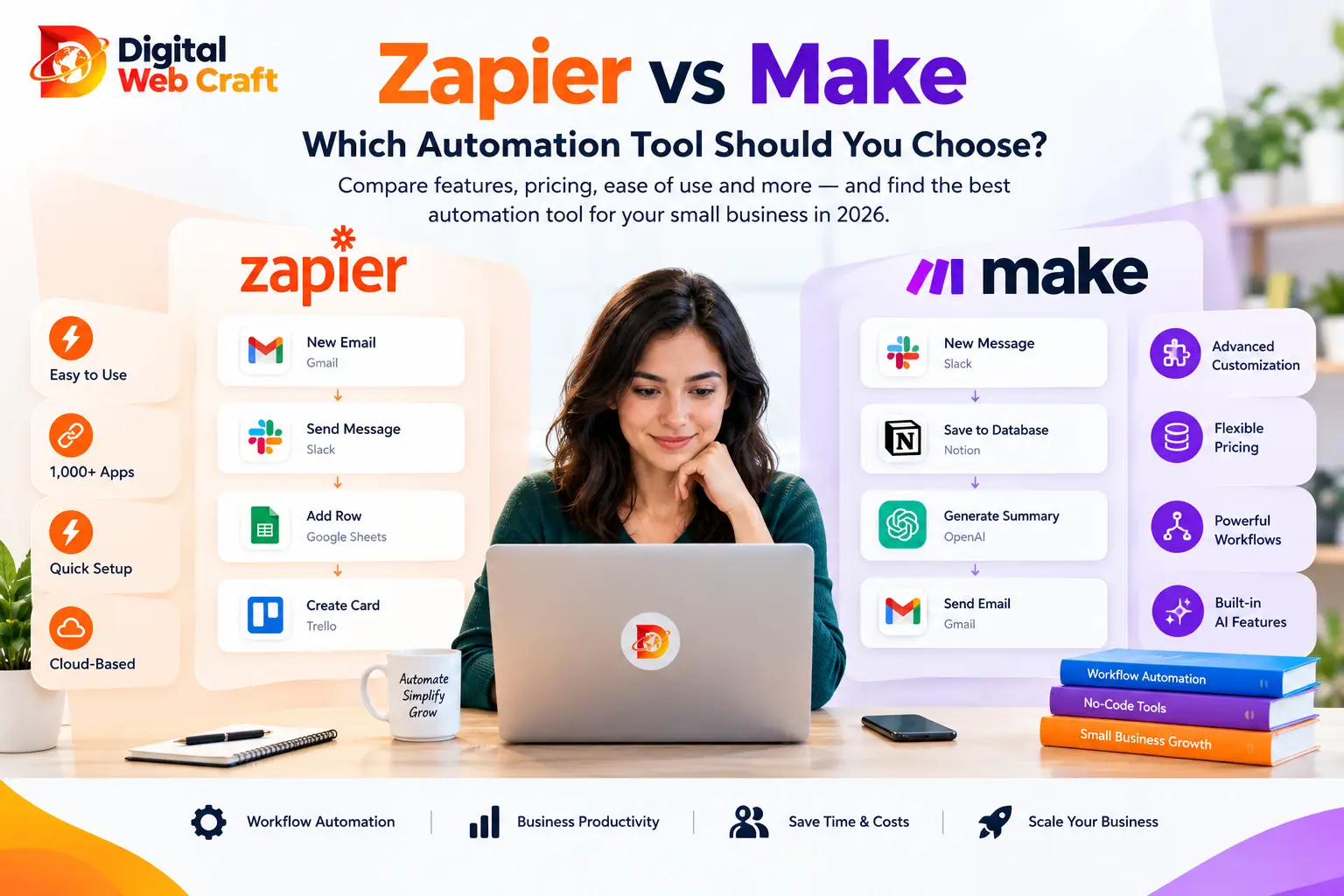 Side-by-side comparison of Zapier and Make automation workflows connecting business apps for small businesses in 2026.